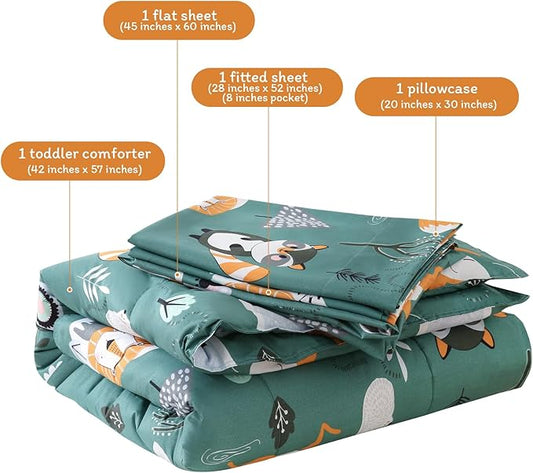 JSD Green Forest Animals Toddler Bedding Set, 4 Piece Bed-in-Bag Toddler Comforter Sheet Set, Machine Washable