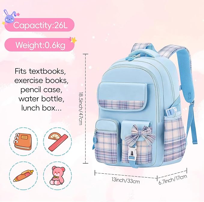 Aulenge Kids Backpack for Girls Cute Teen School Backpack Ages 8-12 with Pencil Case Set Kawaii Stitch Blue School Bookbags with Multiple Pockets for Primary & Middle School Students