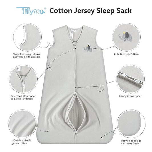 TILLYOU 2 Pack Baby Sleep Sack 18-24 Months 100% Cotton Wearable Blanket 0.5 TOG Sleeveless Summer Sleep Sacks with 2-Way Zipper, Grey Elephant & Cloud