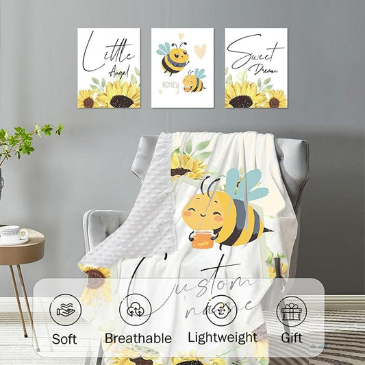 Custom Baby Crib Bedding Set,Personalized Name Yellow Bee Pattern Nursery Bed Set 4 Piece,Baby Blanket Fitted Sheet Nursery Rug Wall Art Set,Custom Room Decor Idea Gift for Newborns Boys Girls