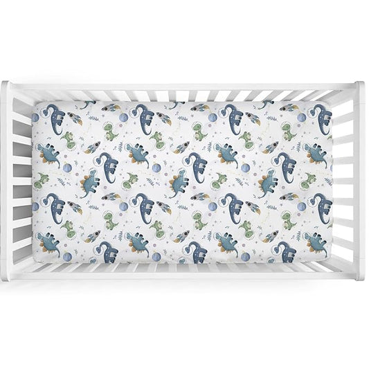 Watercolor Space Dinosaurs Baby Crib Sheet 52''x28'' Cute Dinosaur Rockets Planet Stars Leaves Snug Fitted Crib Mattress Cover for Boy Girl Soft Baby Bed Sheet for Standard Crib and Toddler Mattress