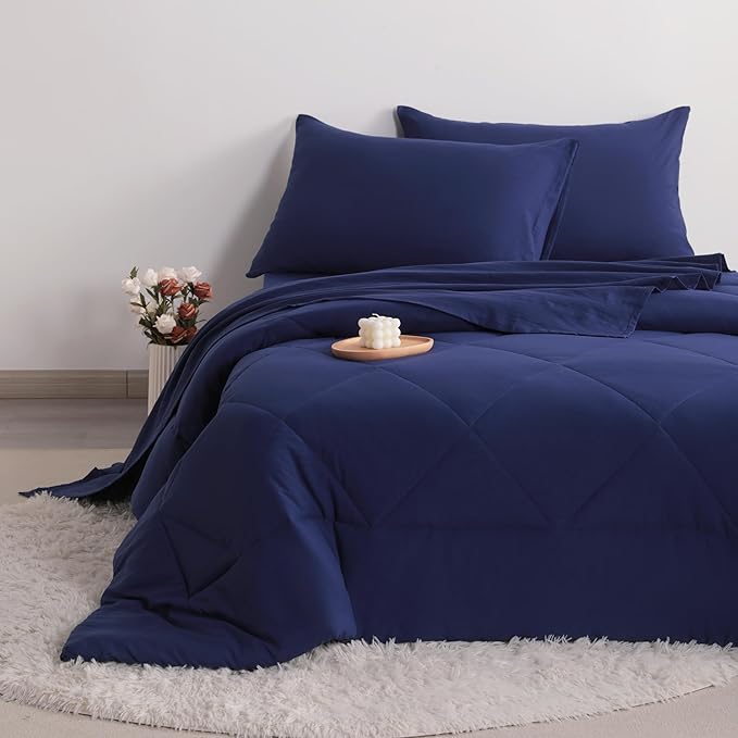 FLXXIE 5 Pieces Toddler Bedding Set, Soft and Breathable Microfiber Crib Sheet Set, Includes Quilted Comforter, Flat Top Sheet, Fitted Sheet, Envelope Pillow Case for Boys and Girls, Navy Blue
