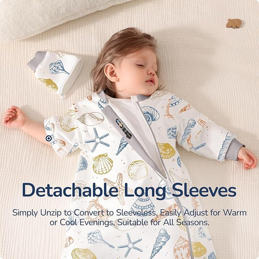 Baby Sleep Sack 6–12 Months, Cotton Sleep Sack with Detachable Long Sleeves, 1.0 TOG Wearable Blanket for Cooler Nights, 2-Way Zipper Toddler Sleeping Sack with Temperature Strip, Ocean