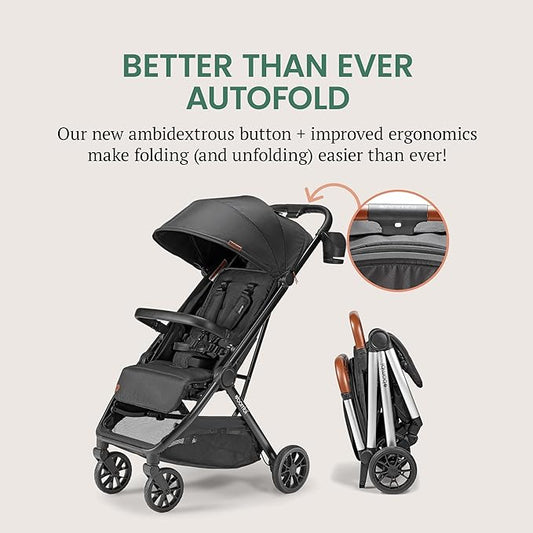 Bombi Bēbee V2 Lightweight Baby Stroller - Premium Vegan Leather, One-Hand Fold, Infinite Recline, Aircraft-Grade Aluminum Frame, XXL Canopy, and Ample Storage Umbrella Stroller - Onyx