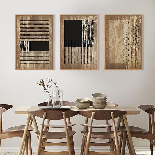 CHDITB Abstract Line Wall Decor, Vintage Black Brown Framed Canvas Wall Art, Mid Century Modern Art Print Home Decor, Boho Neutral Minimalist Painting For Living Room Bedroom Dining Room Office 16"x24