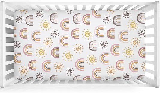 Boho Sunshine Rainbow Baby Crib Sheets 52''x28'' Colorful Rainbow Sun Stretchy Fitted Crib Mattress Cover for Boy Girl Soft Baby Nursery Bed Sheet for Standard Crib and Toddler Mattresses