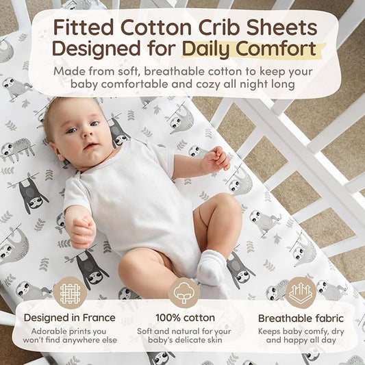Baby Crib Sheets Boys & Girls Toddler Bed Sheets Cotton Fitted Crib Sheet Sets 28"x52", 8" Deep Pocket, Baby Mattress Sheet 2Pack 100% Cotton, Designed in France, Grey Sloth, Chevron Pattern