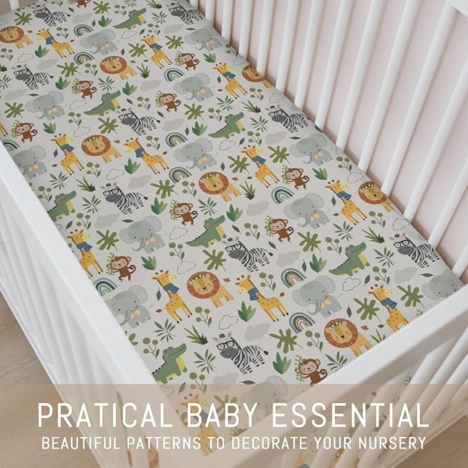 Jungle Safari Animals Baby Crib Sheets for Boy Girl Elephant Lion Zebra Giraffe Leaves Soft Snug Fitted Crib Mattress Covers for 52''x28'' Standard Crib & Toddler Mattress Pad Wild African Bed Sheets