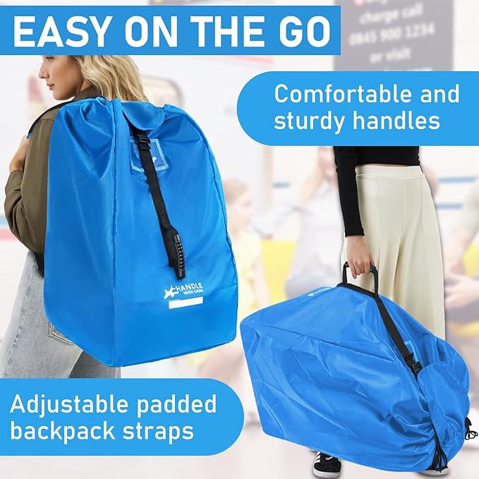 LASUK Car Seat Travel Bag for Airplane, Large Waterproof Car Seat Bags Fits Most Infant Car Seats, Convertible Car Seats, Booster Seats, Car Seat Bases, Adjustable Shoulder Strap, Blue