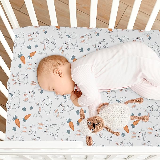 White Rabbit and Carrot01 Crib Sheets Standard Crib Toddler Mattresses Cover Fitted Baby Bed Sheet Breathable Crib Mattress Sheet for Girls Boys 52" x 28"x5''