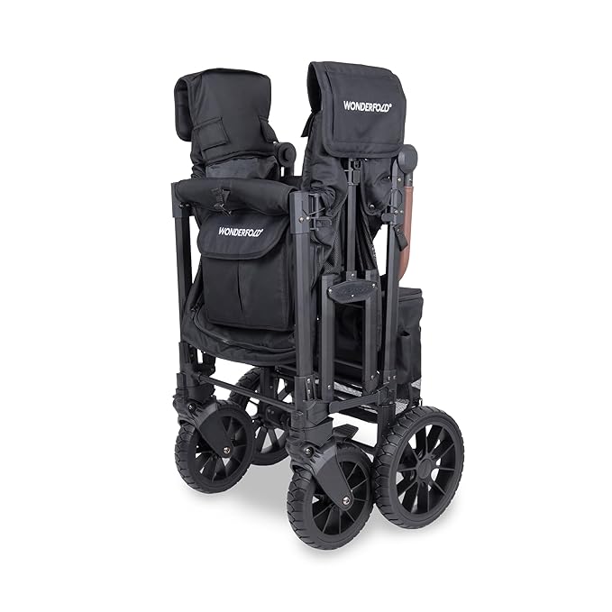 WONDERFOLD W2 Luxe Pro Stroller Wagon (2 Seater) - Collapsible Wagon Stroller with Seats Featuring 5-Point Safety Harnesses and Adjustable Sun Canopy, Jet Black