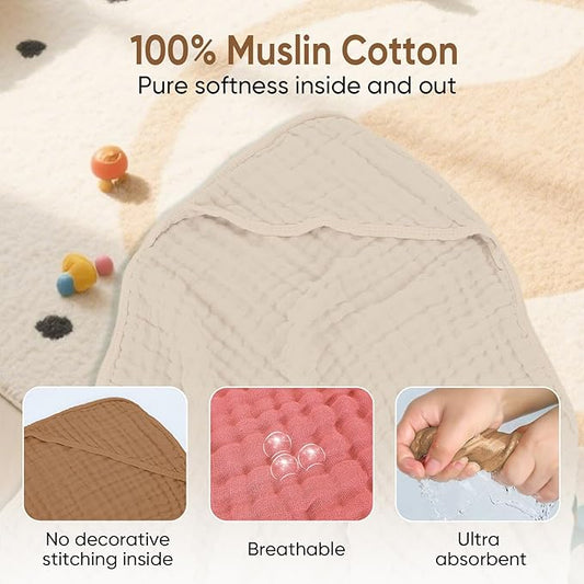 Muslin Hooded Baby Towels 100% Cotton ,Super Soft Muslin Baby Bath Towel - 32 x 32 Inches, Suitable for Newborn and Young Children up to 3 Years Old. (Beige & Coffee)