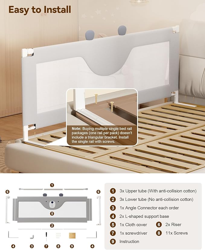 Baby Bed Rail Guard for Toddlers, Reinforced 60in Toddler Bed Rails for Queen Bed with Height Adjustable, Extral Tall Child Safety Side Railing Guards/Bedrail for Kids,Grey Bear, 1 Side 60" Lx28 H