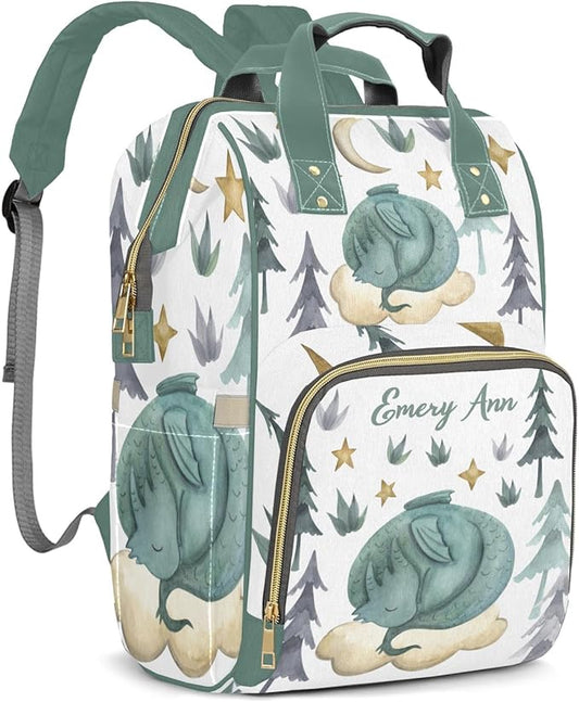 Personalized Cute Dragon Watercolor Custom with Name Diaper Bag Backpack For Baby Boy Girl Dad Mom Unisex for Adult Daypack Holiday Gift