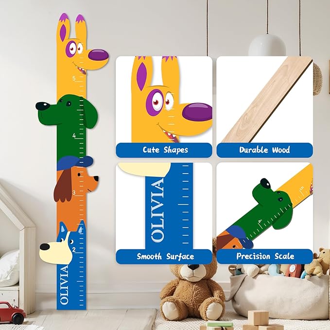 Personalized Name Wooden Growth Chart for Kids – Big Ear Dog Wall Growth Chart, Custom Height Ruler for Nursery, Bedroom, Playroom Decor, Birthday Gift for Boys and Girls
