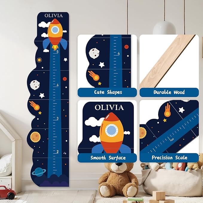 Woodemon Personalized Name Growth Chart for Wall, Rocket Wood Height Chart for Kids, Height Measurement for Wall, Boy Girls Height Wall Chart Growth Measuring Ruler, Toddler Playroom Decor