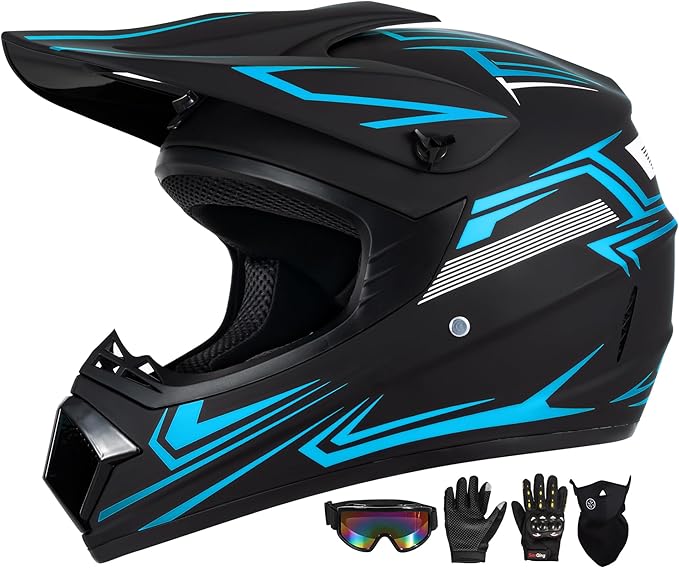 Youth Kids Motocross Helmet, Adult ATV Dirt Bike Helmet with Goggles Gloves & Mask Quick, Full Face Motorcycle Helmet with Quick Release Buckle DOT Certified