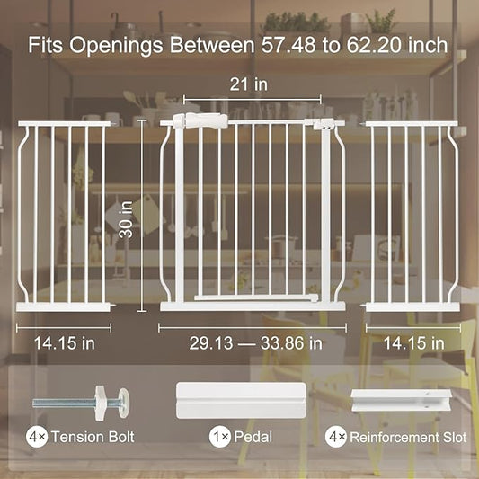 Extra Wide Baby Gate with Door Pressure Mounted 57.48-62.20 Inch,Child Baby Gates for Doorways No Drilling,Walk Through Dog Gate Indoor for The House Kitchen Stairs,White