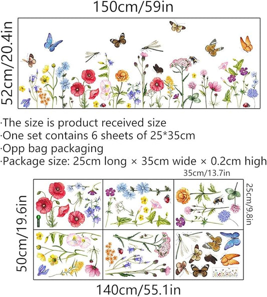6 Pieces Flowers Wall Decals Vinyl Flowers Wall Stickers Removable Floral Murals Peel and Stick Colorful Flower Decor for Girls Bedroom Living Room Nursery (Butterfly and Dragonfly)