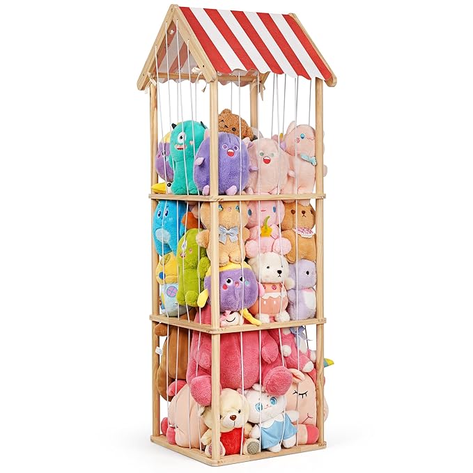 Edudif Stuffed Animal Storage, Space Saving Vertical Stuffed Animal Holder Wood, Easy Assembly Cottage-Style Plush Toys Organizer for Kids Bedroom & Playroom (Wood, Large)