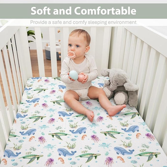 Pastel Sea Animals Baby Crib Sheets for Boy Girl 52x28In Sea Horse Turtle Whale Jellyfish Corals Soft Snug Fitted Crib Mattress Cover Ocean Marine Baby Sheet for Standard Crib & Toddler Bed Mattress