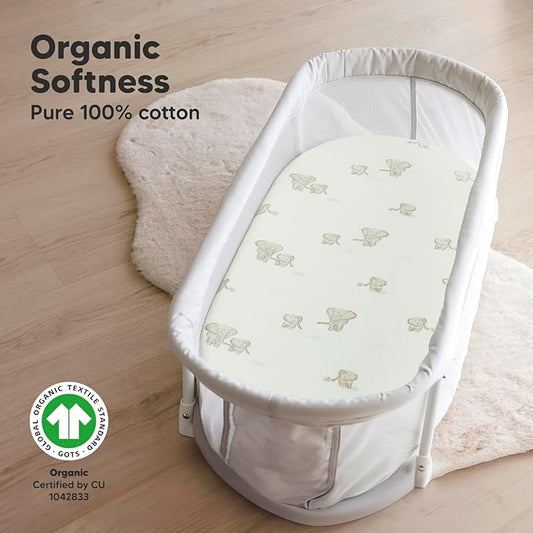 2-Pack Organic Bassinet Sheets for Girls, Boys - 100% Cotton Bassinet Mattress Sheets Compatible with Halo Bassinest Swivel Sleeper, Graco, Baby Delight, Chicco, Unisex Fitted Bassinet Sheets (Elly)