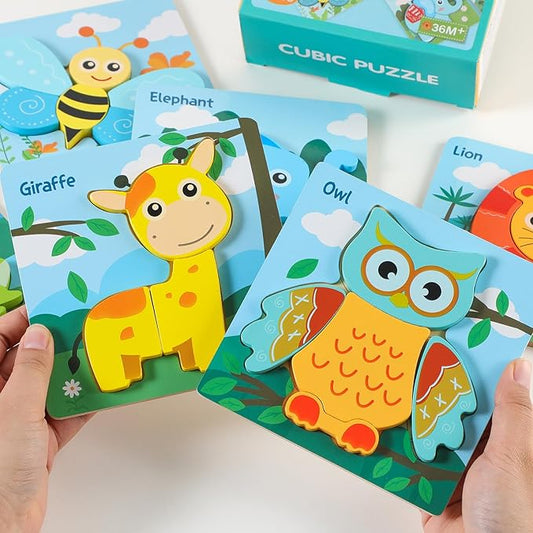 6 Pack Toddler Wooden Jigsaw Animals Cubic Puzzles for Kids Girls Boys Toddlers, Educational Preschool Montessori Toys Birthday Gifts for Colors & Shapes Cognition Skill Learning
