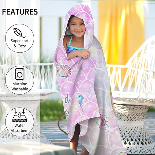 Thickened Hooded Towels for Kids Suitable Girls Boys Kids Bath Towels, 30"x50" Super Absorbent, Mermaid Tail Cute Cartoon Toddler Towels Multi-Purpose for Beach, Pool and Bathroom