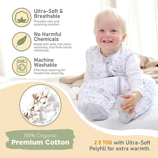 Mama Cheetah Toddler Sleep Sack with Feet 3T-4T, 2.5 TOG Organic Cotton Baby Sleeping Bag with Legs, Winter Baby Wearable Blankets for Early Walker L