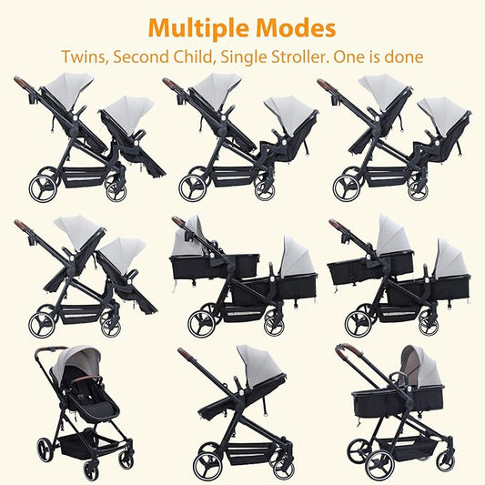 Tandem Double Stroller Newborn and Toddler, Foldable Twin Stroller with Reversible Seat, 5-Point Safety Harness, Adjustable Backrest & Canopy, Storage Basket, Light Grey
