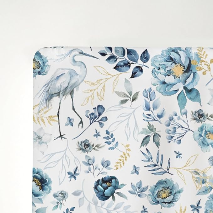 Watercolor Cranes Flowers Baby Crib Sheets for Boy Girl 52"x28" Crane Blue Gold Floral Leaves Soft Stretchy Fitted Crib Mattress Cover Wild Birds Baby Sheet for Standard Crib and Toddler Bed Mattress