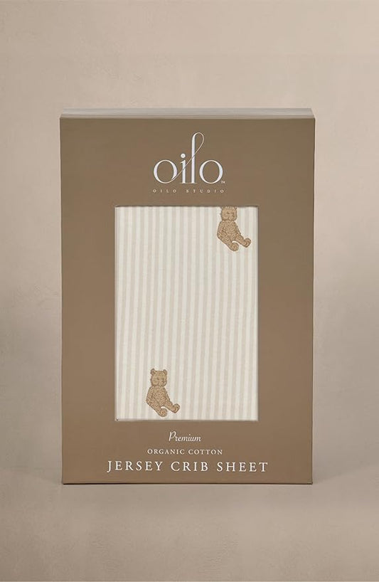 Oilo Crib Sheet, Breathable, Fitted, Organic Cotton Jersey, 300-Thread, Machine Wash, Fits Standard Crib (28" x 52" x 6"), Toddler Bedding, Heirloom Organic Collection, Bear