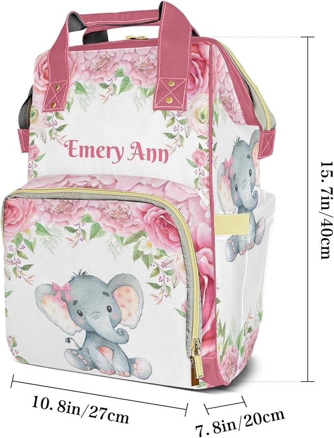Personalized Pink Roses Baby Elephant Nursery Custom with Name Diaper Bag Backpack For Baby Boy Girl Dad Mom Unisex for Adult Daypack Holiday Gift