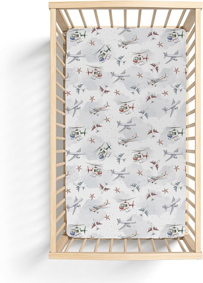 Vintage Planes Airplanes Helicopters Baby Crib Sheets Boy Girl 28"x52" Plane Stars Clouds Sky Soft Stretchy Fitted Crib Mattress Cover Baby Sheet for Standard Crib & Toddler Mattress Pad