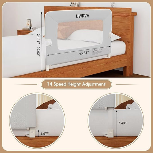 Bed Rail for Toddlers 43in Folding Bed Rail,T-Shaped No-Drill Base with Safety Lock,Soft 3D Fabric,Baby Bed Rail Guard for Twin,Full,Queen,King Beds,Toddler Bed Rail Guard(Gray, 43" L)