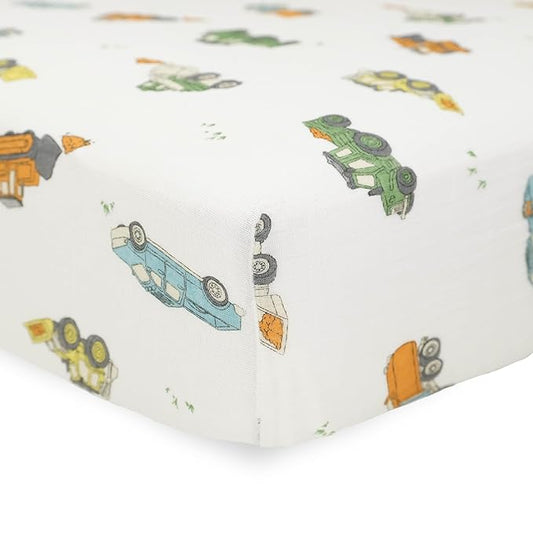 Little Unicorn Premium Crib Sheet | Breathable & Super-Soft Muslin Fabric (Work Trucks)