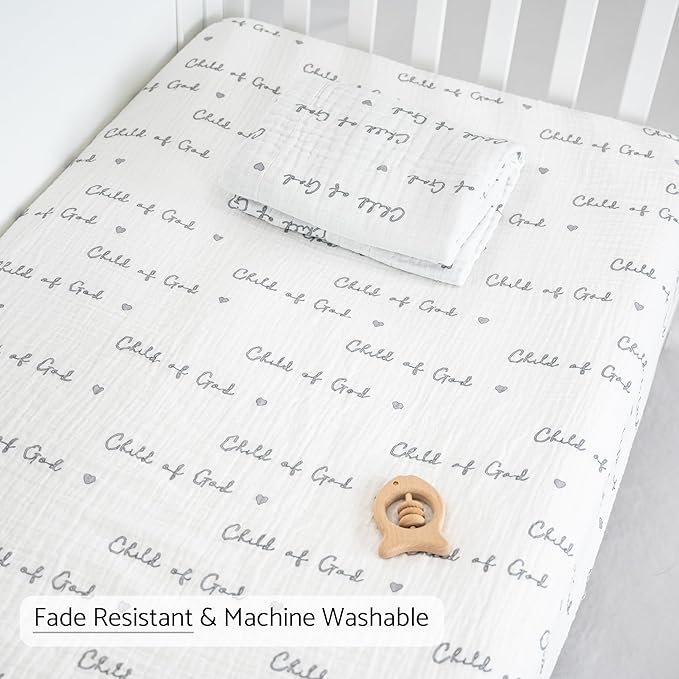 LollyBanks Muslin Crib Sheet 1 Pack, 100% Cotton Baby Crib Sheet for Boys and Girls, Soft and Breathable Neutral Baby Fitted Sheets for Standard 52"x28" Mattress, Registry (Child of God Print)