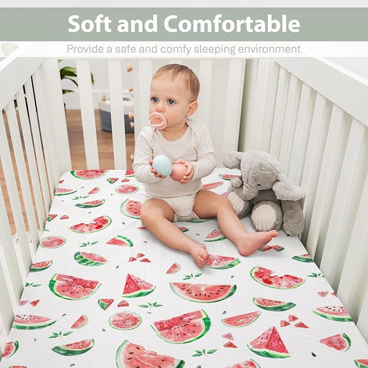 Watermelon Bites Leaves Baby Crib Sheets for Boy Girl 28"x52" Tropical Summer Fruits Soft Stretchy Fitted Crib Mattress Covers Beach Vacation Nursery Baby Sheet for Crib and Toddler Bed Mattresses