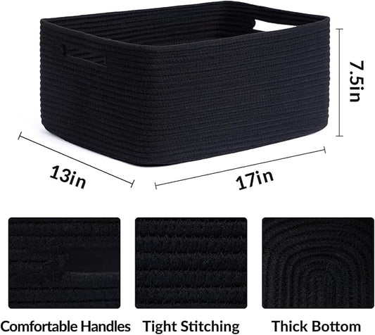 MiniArk Large Storage Baskets for Shelves, Closet Organizers Bins for Clothes Blanket Towels, Baby Nursery, Toy Baskets Box, Woven Rope Baskets, 17 x 13 x 7.5”, 2 Packs Black