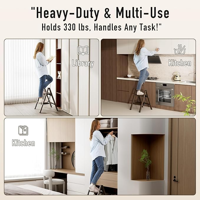 Mayi Plus 2 Step Ladder,Aluminum Folding Step Stool for Adults,Step Ladder with Wide Anti-Slip Pedal,330 lbs Capacity for Home,Office,Kitchen,Library(Walnut)