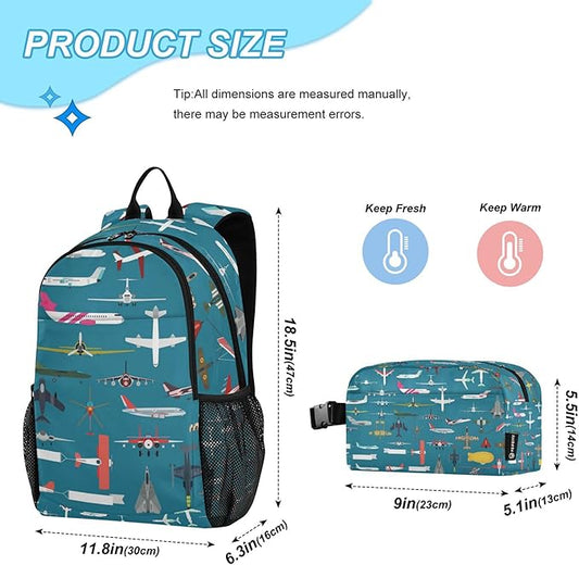 Jucciaco Airplane Plane and Aircraft Backpack with Lunch Bag, School Travel Backpack for Teens Boys Girls Kids Backpacks Set