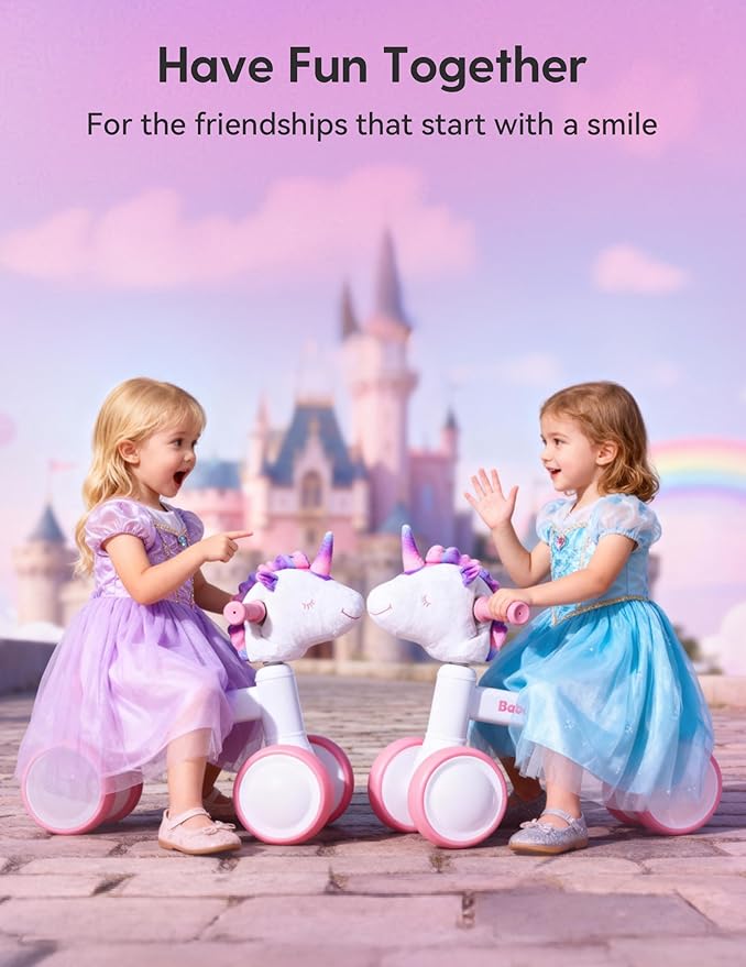 BABELIO Magic Rider Unicorn Balance Bike for 1-2 Year Old Girls Toy Gifts - 12-24 Months Toddler Balance Bike, Colorful Lighting Wheels, First Birthday Gifts for Girls, Pink