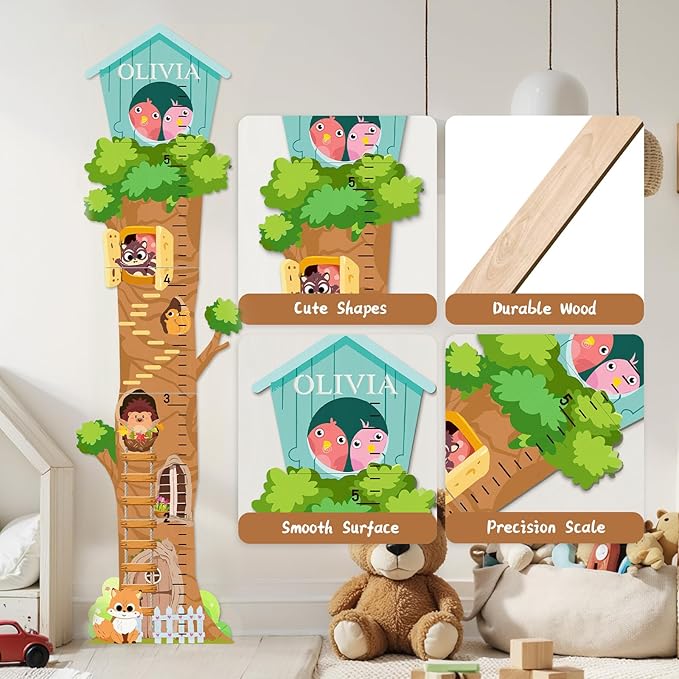 Woodemon Personalized Wooden Growth Chart, Tree House Animals Height Chart for Kids Room, Wood Kids Measuring Chart, Nursery Growth Chart Ruler Measuring Board for Boys Girls