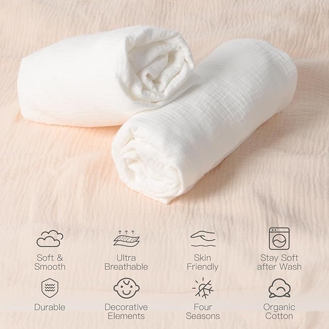 Baby Organic Crib Sheets 2 Pack 100% Organic Muslin Cotton 52x28 Inches Fitted Crib Mattress Sheet for Baby Girls Boys, Ultra Soft Neutral Toddler Bedding Bed Sheets Fits Standard Size Cribs Mattress