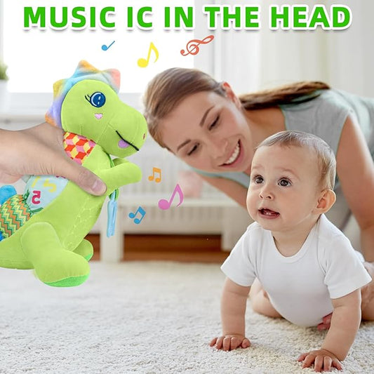 Baby Dino Musical Stuffed Animal Toys for 0-3-6-9-12 Months,Infant Dinosaur Tummy Time Toys with Crinkle Sound Paper,Teether,Textures & Rattles for Newborn Boys Girls Birthday Gifts,Green