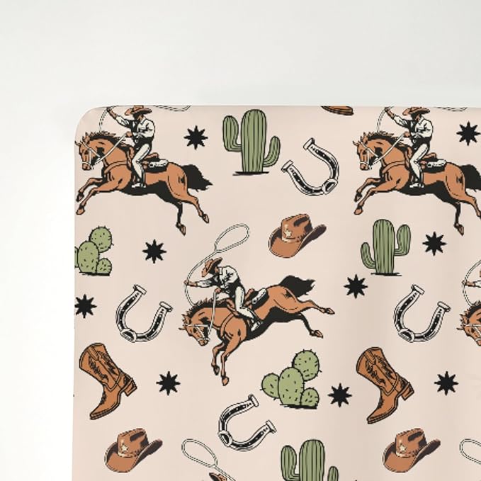 Retro Western Cowboy Baby Crib Sheets for Boy Girl 52x28Inch Cowboy Boots Hat Horse Cactus Soft Snug Fitted Crib Mattress Cover Wild West Desert Baby Sheet for Standard Crib & Toddler Mattress Pad