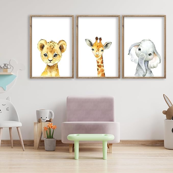 Baby Safari Nursery Wall Art Decor 24x16 Inch Set of 3 Wood Framed Cute Animal Giraffe Elephant Lion Prints Sign Kids Boys Girls Room Bedroom Jungle Animal Pictures Wall Hanging (Wood)
