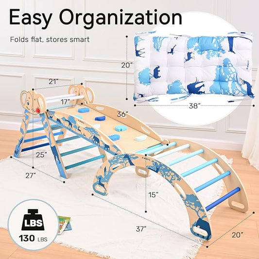 wingyz 8-in-1 Pikler Triangle Set-Foldable Baby Climbing Toys with Cushion,Arch, Ramp & Ladder | Montessori Toddler Climber Indoor Jungle Gym for Kids (Blue)