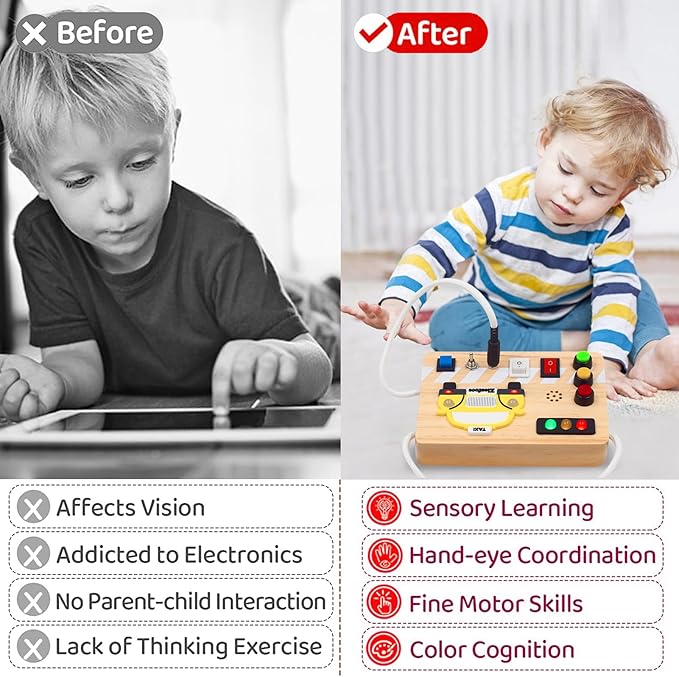 Montessori Busy Board Wooden Sensory Toys with LED Light Up Switch Travel Toys for 1+ Year Old Toddler Baby Boys Girls Gifts (Taxi Theme)