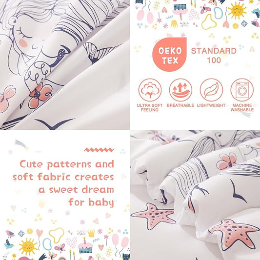 JSD Mermaid Toddler Bedding Set, 4 Piece Ocean Theme Bed-in-a-Bag Toddler Comforter Sheet Set, Machine Washable